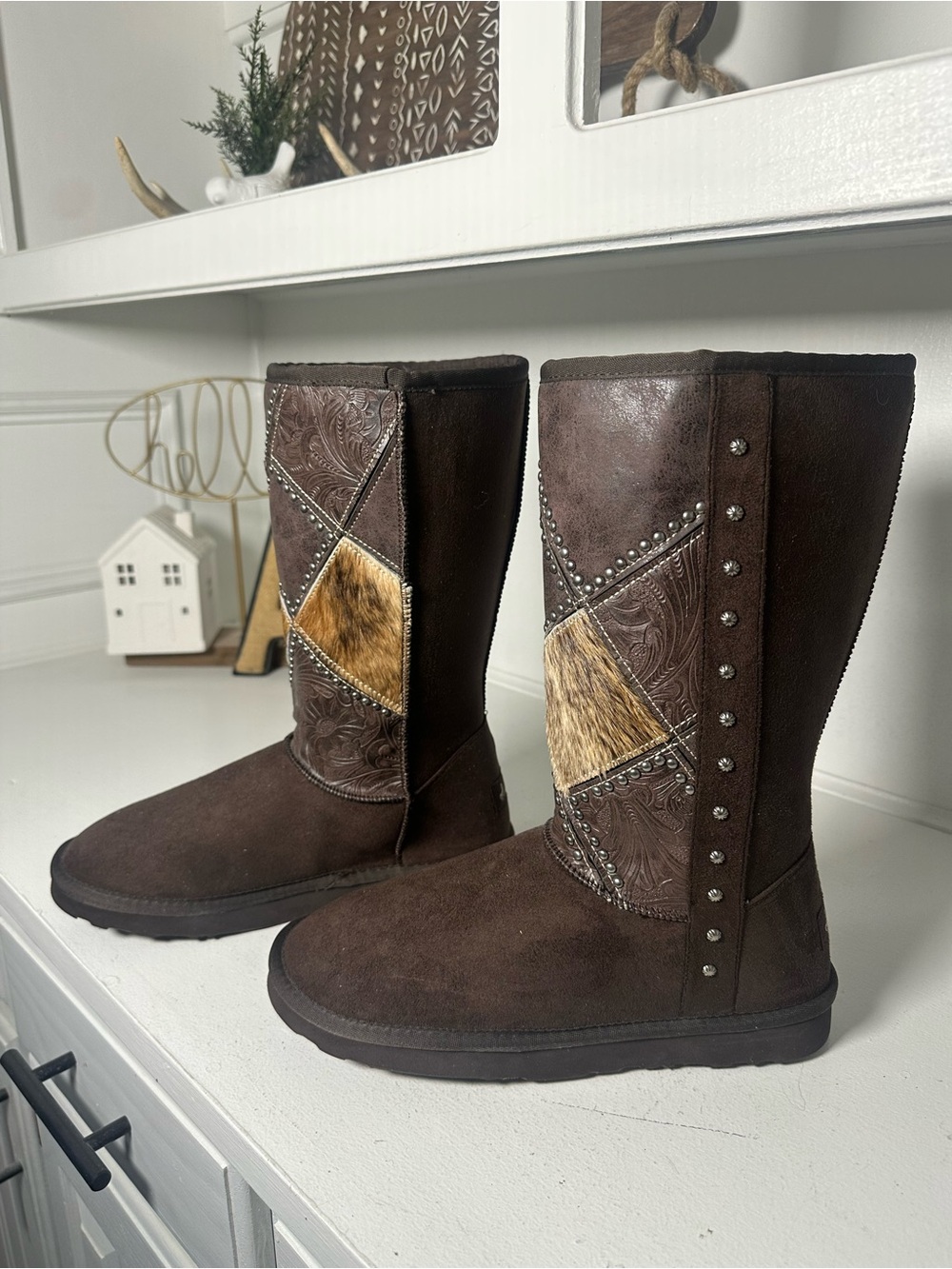Montana West Women’s Size 8 Brown Western Winter Boots Cowhide Studded Mid Calf